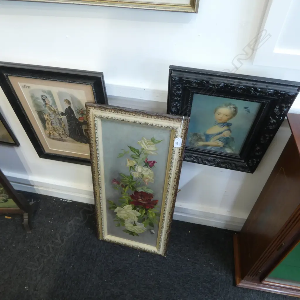 3 ARTWORKS; ANTIQUE ROSES OIL ON BOARD 620x240mm, FRENCH FASHION PRINT, PRINCESS PRINT Image 1++