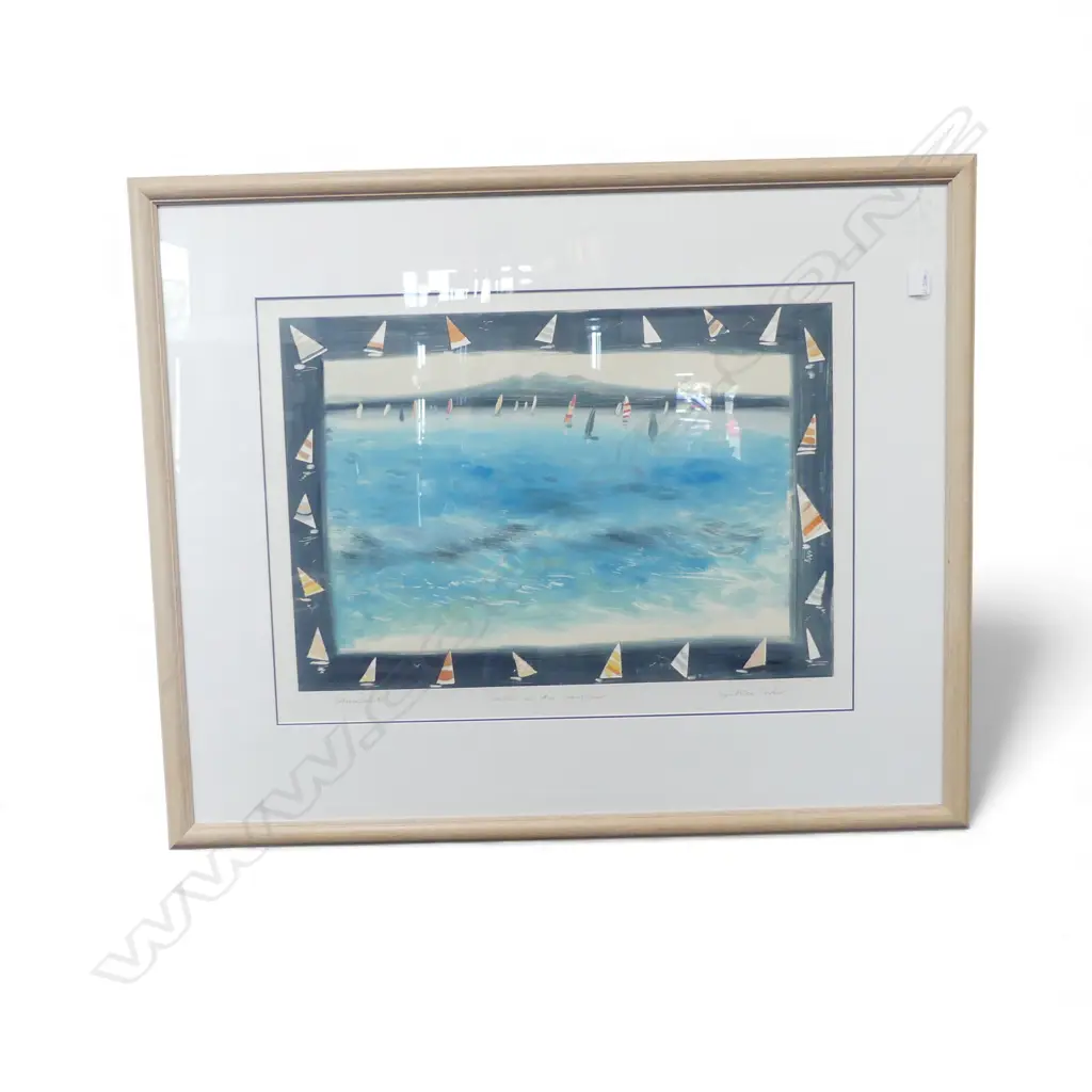 CYNTHIA TAYLOR 'SAILS ON THE HARBOUR' MONOPRINT signed & entitled 460 x 670mm. Framed under glass Image 1++