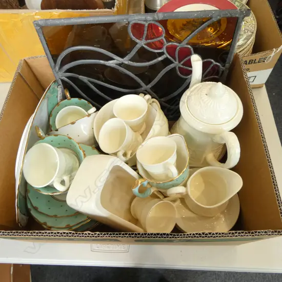 CROWN LYNN TROUGH VASE W.185mm, ENGLISH TEA SET, WEDGWOOD PATRICIAN, LEAD LIGHT PANEL