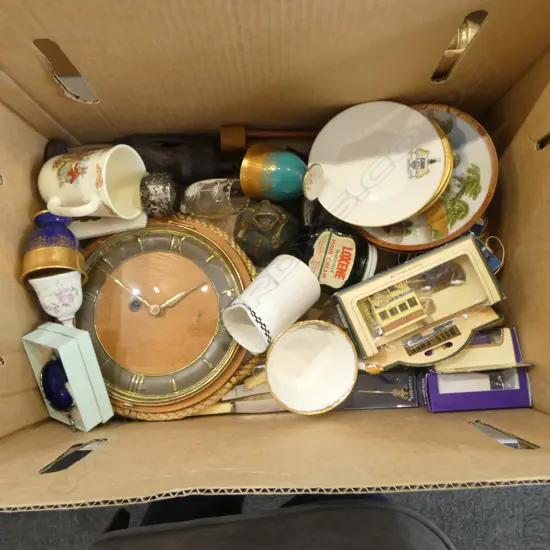 BOX OF ASST. VINTAGE COLLECTABLES; CHINA, NAUTICAL CLOCK, BOXED DIECAST MODELS, etc