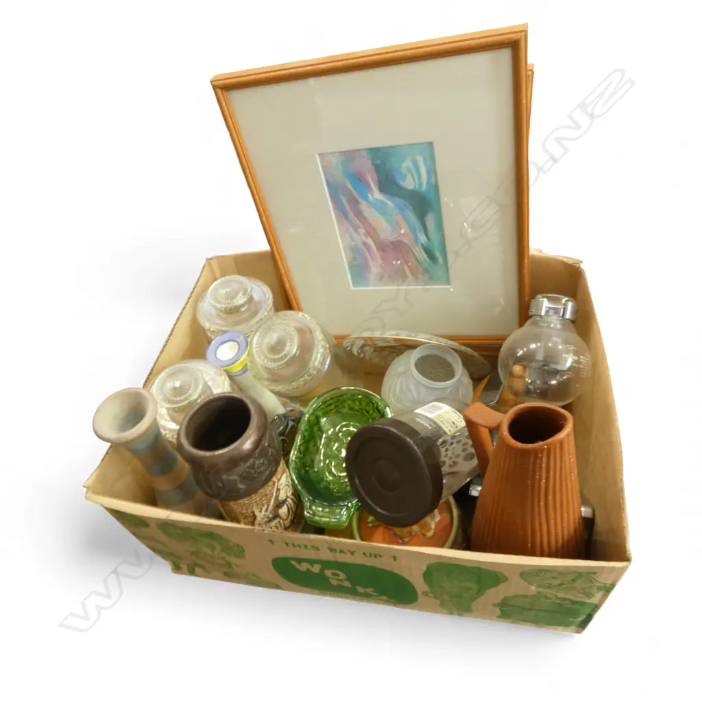 BOX OF ASST. CHINA, GLASS JARS, 2 PRINTS etc Image 1++