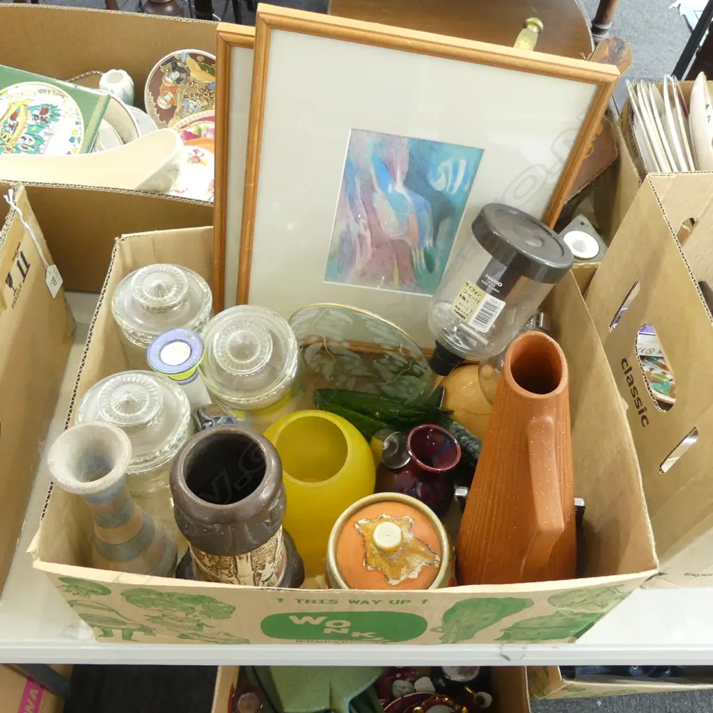 BOX OF ASST. CHINA, GLASS JARS, 2 PRINTS etc Image 1++