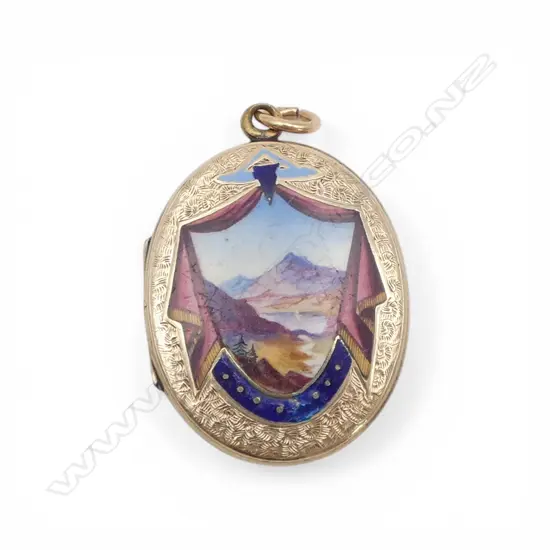 ANTIQUE enamelled mountain valley LOCKET gold front & back plated frame scratching to enamel. 8.24gm