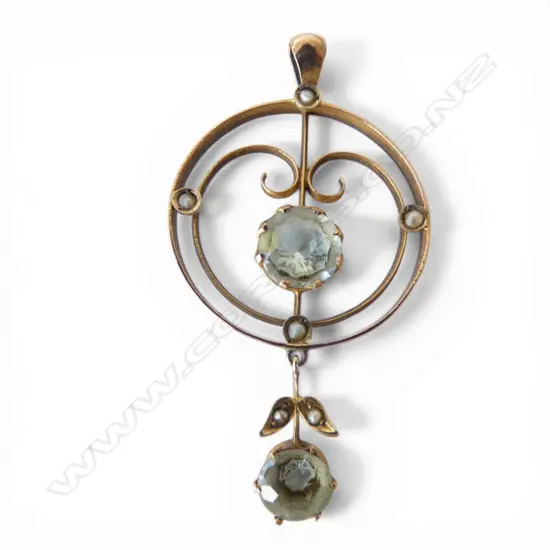 9ct GOLD EDWARDIAN PENDANT set w 2 aquamarine & seed pearls 3.3gms 