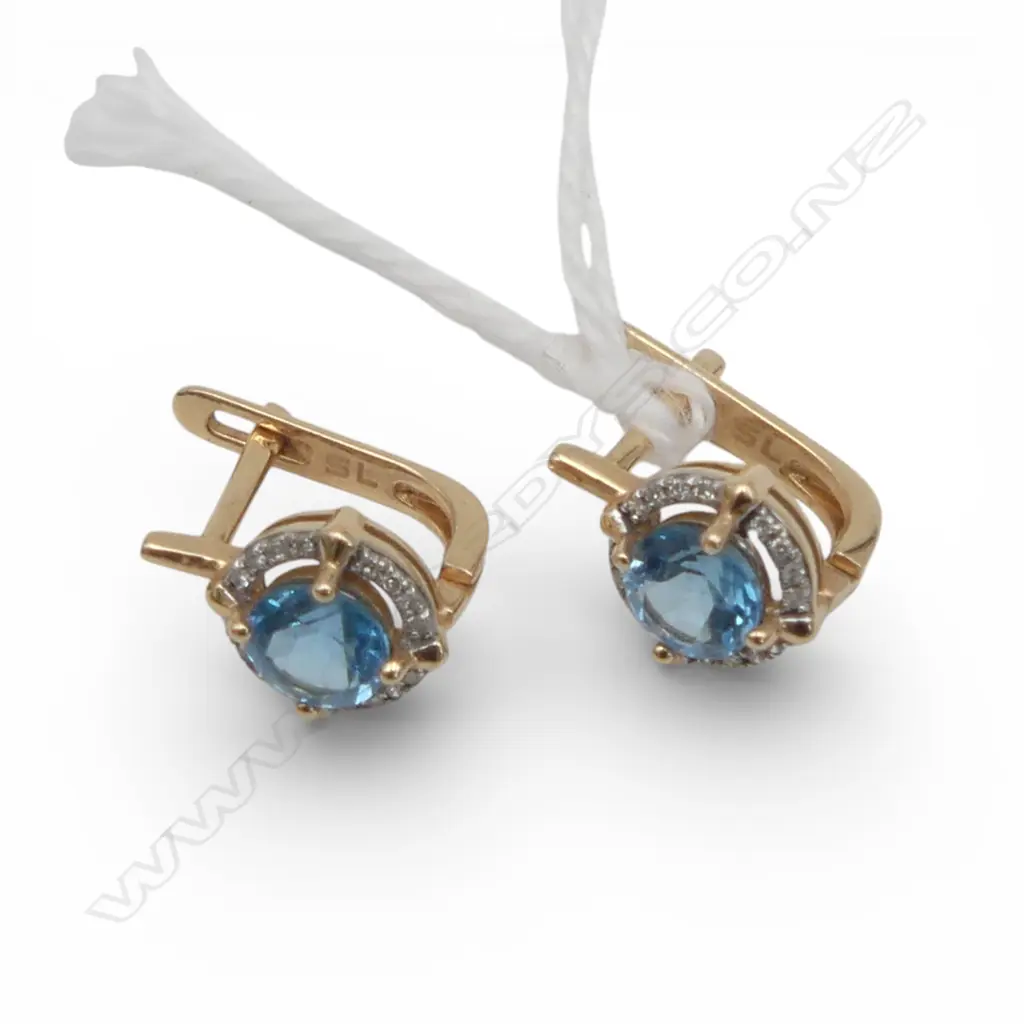 PR 14ct BLUE TOPAZ & DIAMOND EARRINGS, secure backs, 220gm Image 1++