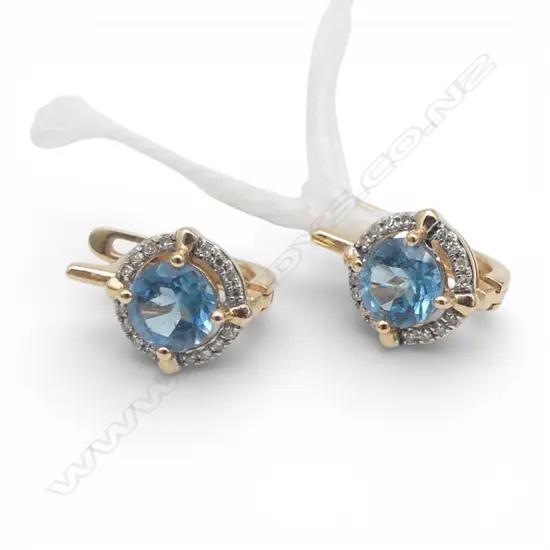 PR 14ct BLUE TOPAZ & DIAMOND EARRINGS, secure backs, 220gm