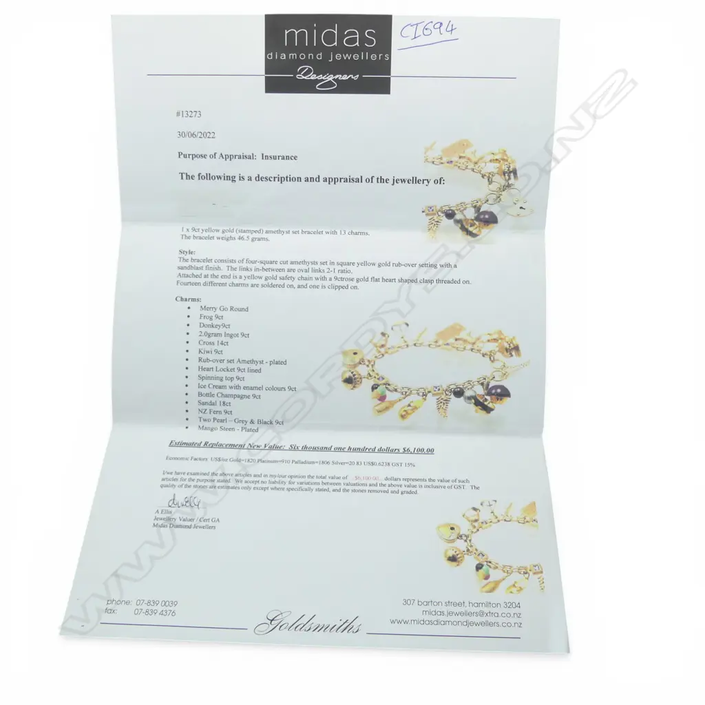 9ct Y/GOLD AMETHYST SET BRACELET w. 13 VARIOS GOLD CHARMS... with valuation 46.5gms Image 1++