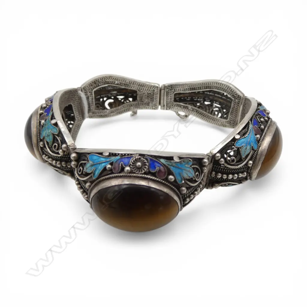 CHINESE VINTAGE FILAGREE SILVER ENAMEL & TIGER'S EYE wide graduating bracelet 51gms Image 1++
