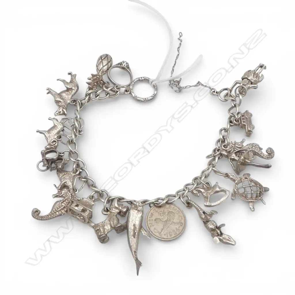 SILVER CHARM BRACELET, 41.44gm needs clasp & safety chain repair Image 1++