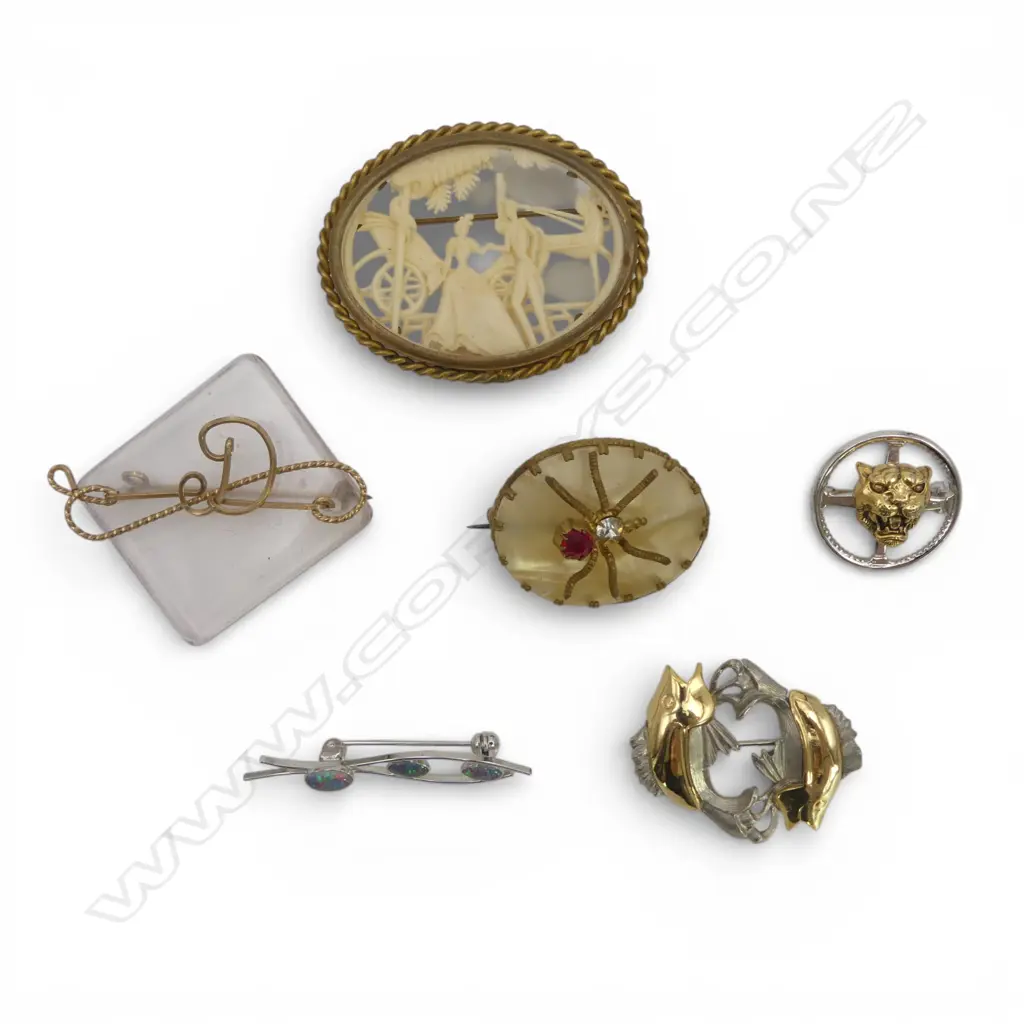 6 BROOCHES some stg silver Incl. DEPOSE FRANCE CELLULOID & GILT METAL BROOCH  Image 1++