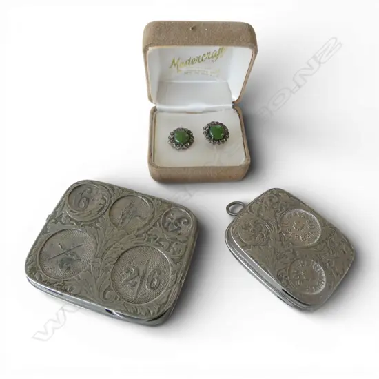 2 PRE-DECIMAL PLATED COIN HOLDERS + pr 'MASTERWORKS' boxed silver marcasite & pounamu stud EARRINGS