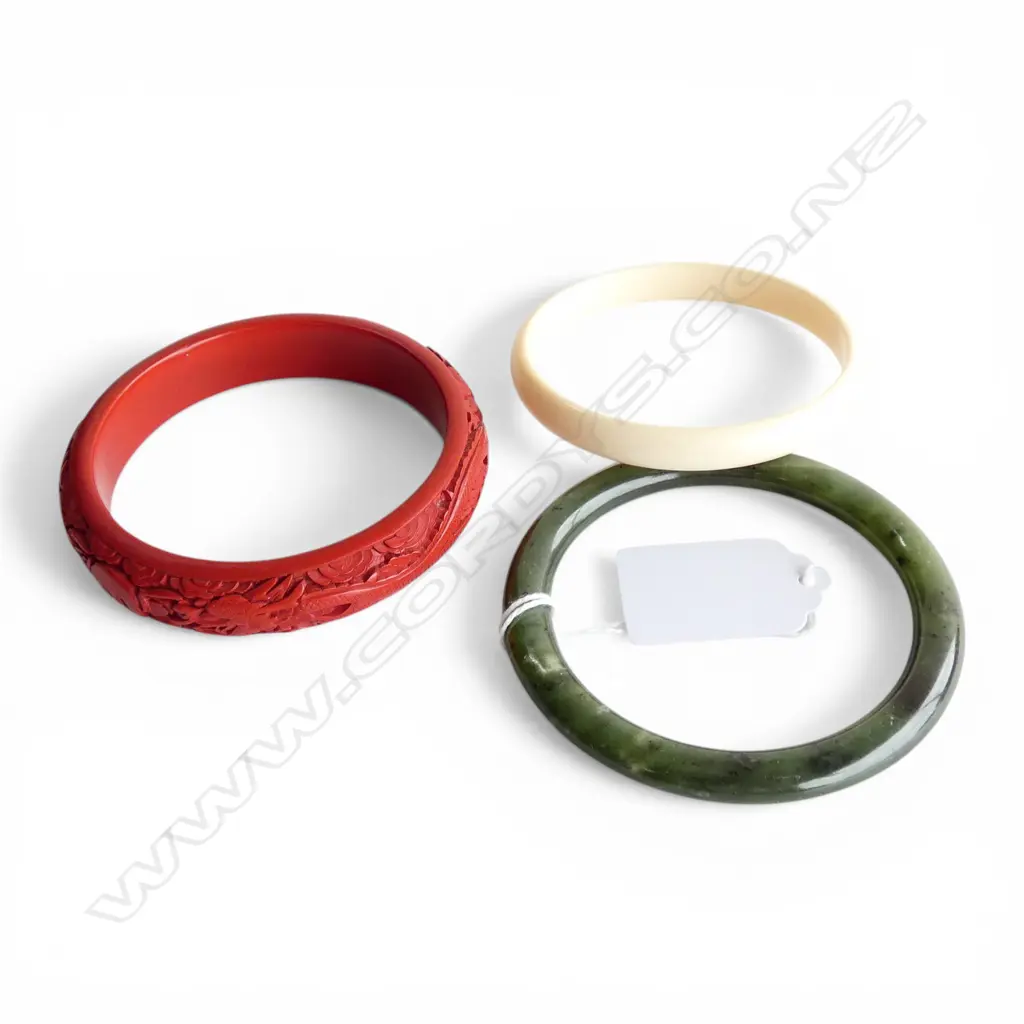 3 BRACELETS, IVORY, JADE, CINNABAR Image 1++