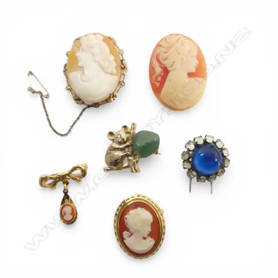 4 CAMEO BROOCHES, KOALA BROOCH & OTHER BROOCH