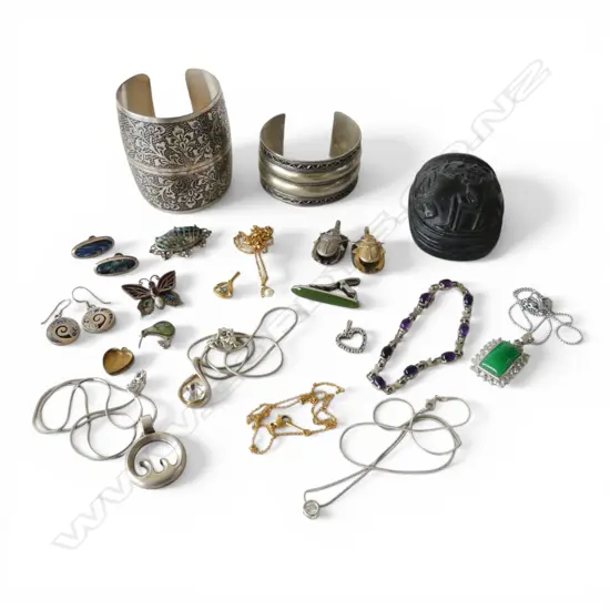 ASST. JEWELLERY, SOME STG - PLATED GOLD / 2 LG SILVER TONE CUFFS