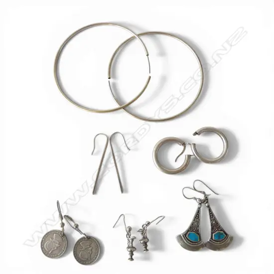SILVER EARRINGS: America's Cup + very lge hoops + 4 other pairs