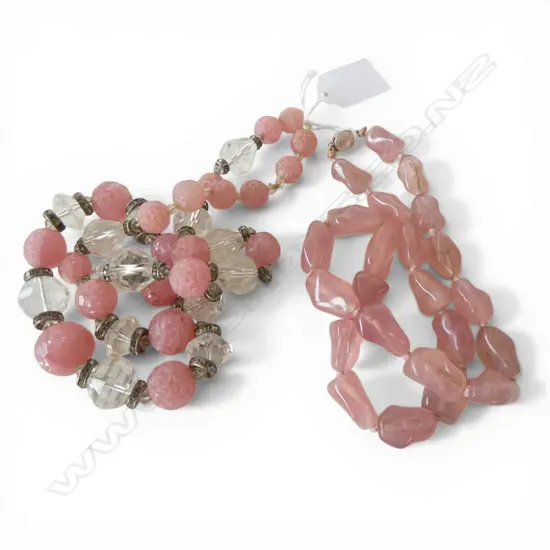 2 VINTAGE NECKLACES: rose quartz polished chunky beads + pink & clear glass etc 