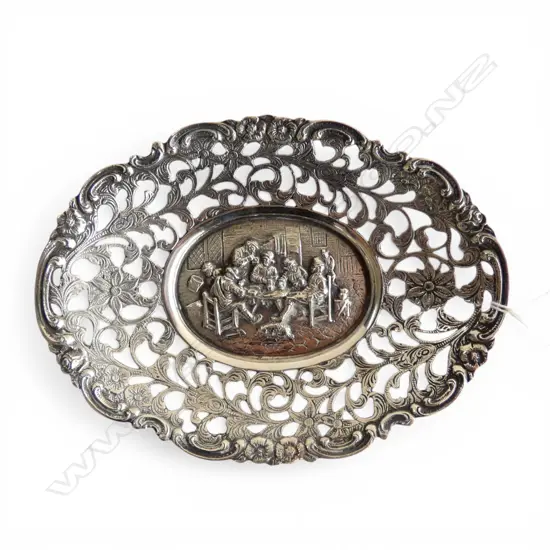 '90' marked fancy Silver pierced dish testing 90% silver. 175gms.