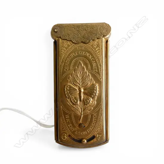 c.1900 gilt brass needle box with needles 'The Quadruple Golden Casket Wavery & Sons Redditch