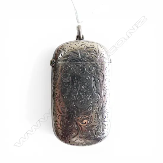 LGE long engraved SILVER VESTA CASE with ring suspension Birmingham 1892 26.5gms