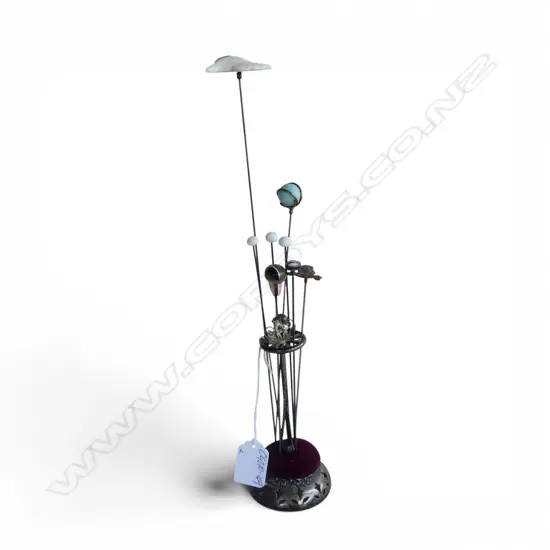Silver plated hat pin holder + selection of hat pins