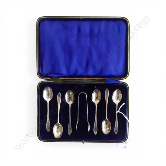 6 STG SILVER TEASPOONS + TONGS, CASED 70gms