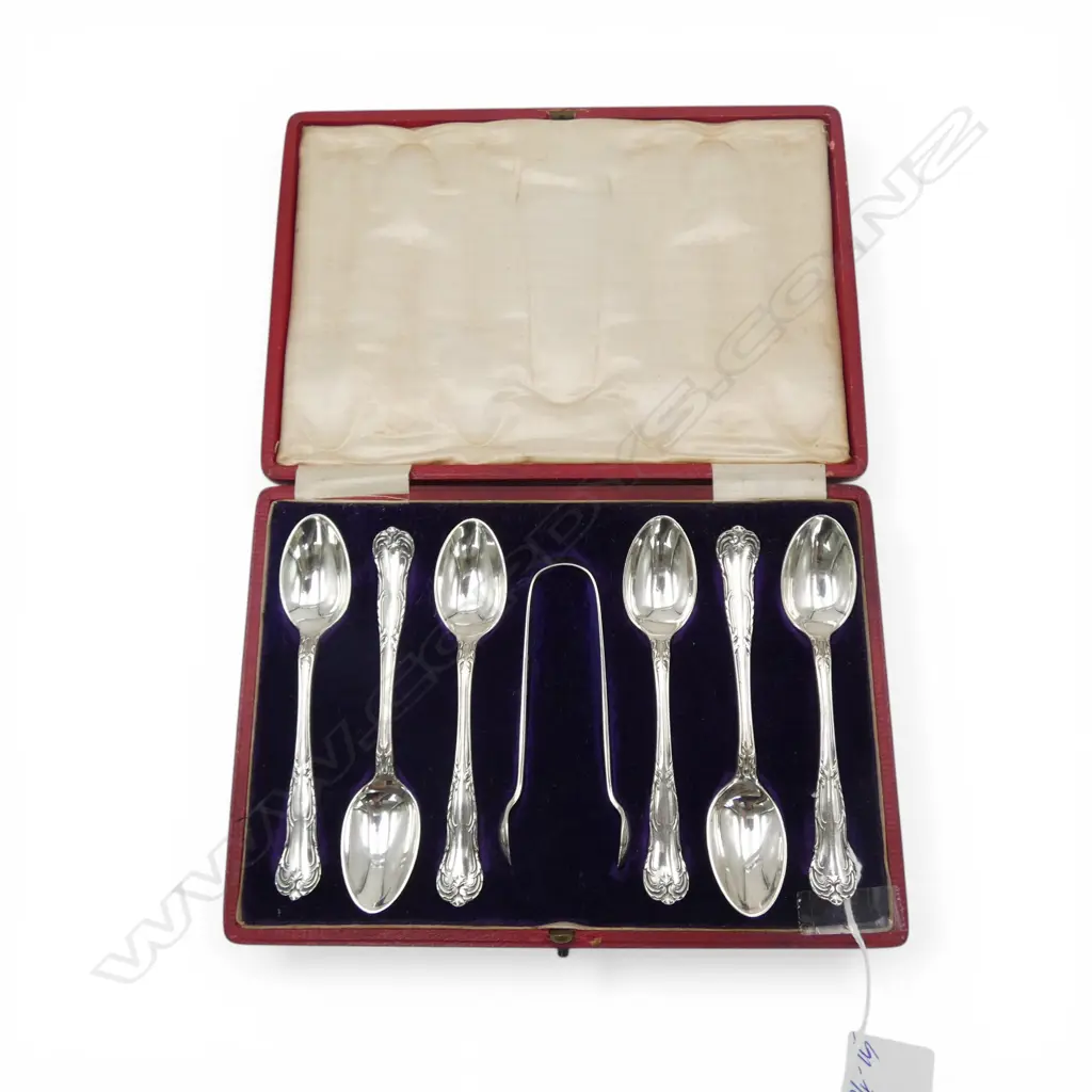CASED STG SILVER 6 PCE TEASPOON SET + SUGAR TONGS, JOSEPH RODGERS & SONS, SHEFFIELD 1909, 125gms Image 1++