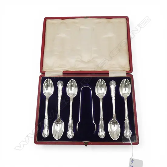 CASED STG SILVER 6 PCE TEASPOON SET + SUGAR TONGS, JOSEPH RODGERS & SONS, SHEFFIELD 1909, 125gms
