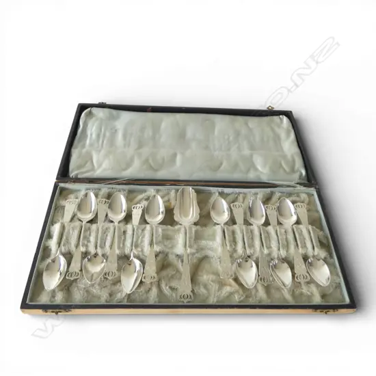 SET OF 12 DUTCH SILVER TEASPOONS & SUGAR SPOON  835 SILVER 108GMS