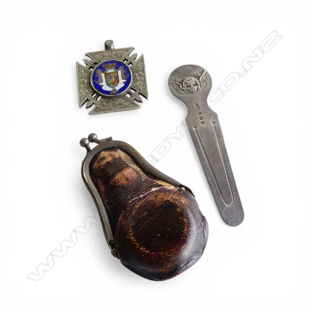 Silver page marker + enamelled & silver cross medallion + leather cased smelling salts mini bottle Image 1++