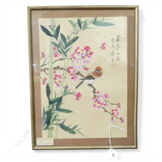 ORIENTAL BIRD W/C H340 W250MM & FRAMED ORIENTAL EMBROIDERY H270 W220MM