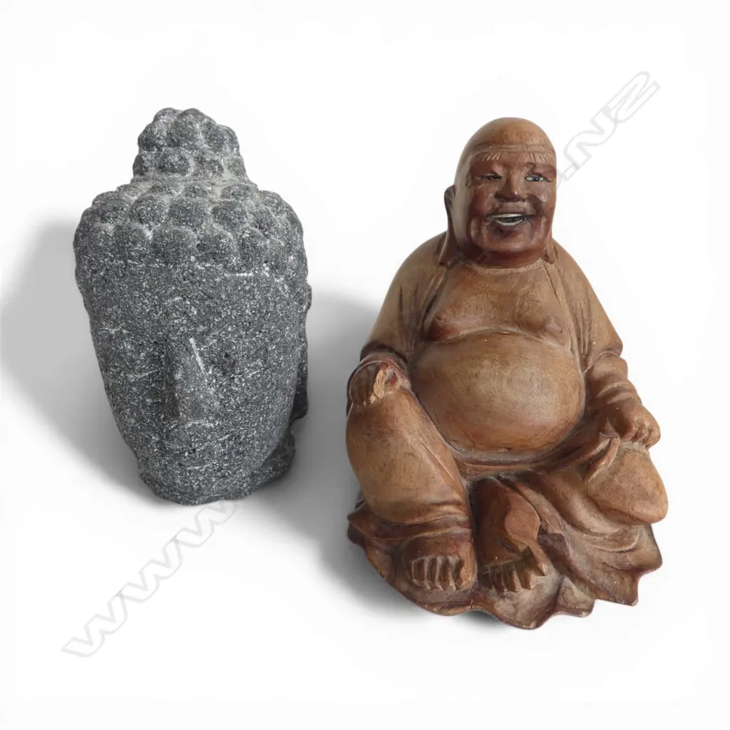 CARVED WOOD HOTEI + STONE BUDDHA HEAD H.120mm Image 1++