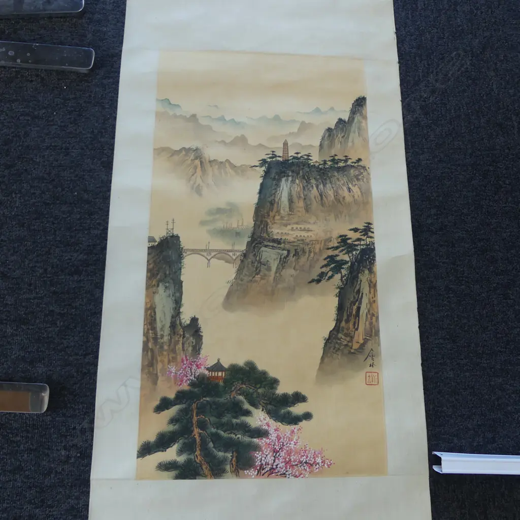 VINTAGE CHINESE SCROLL. Mountainous landscape w bridge & buildings Image 1++