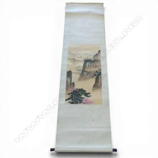 VINTAGE CHINESE SCROLL. Mountainous landscape w bridge & buildings