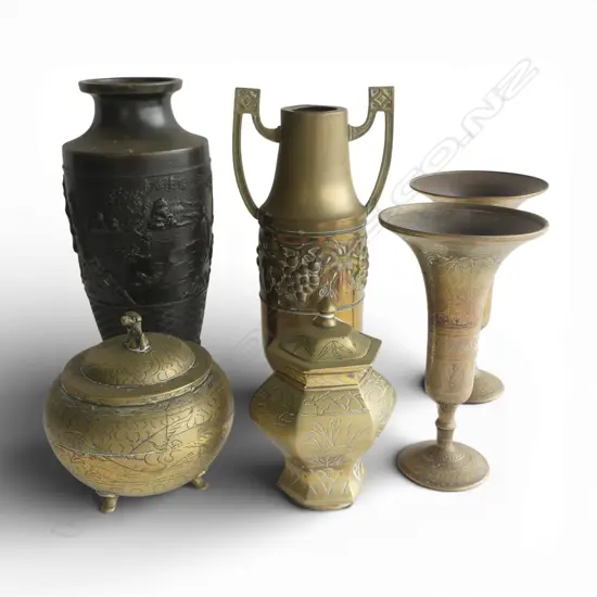 6 BRASS PCES; 4 VASES (2+PR), 2 CHINESE LIDDED CONTAINERS