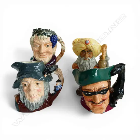 4 ROYAL DOULTON CHARACTER JUGS; SNAKE CHARMER, DICK TURPIN, BACCHUS, RIP VAN WINKLE H.170mm