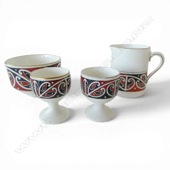 4 Royal Doulton 'Māori Art' items: milk jug + sugar bowl + 2 egg cups