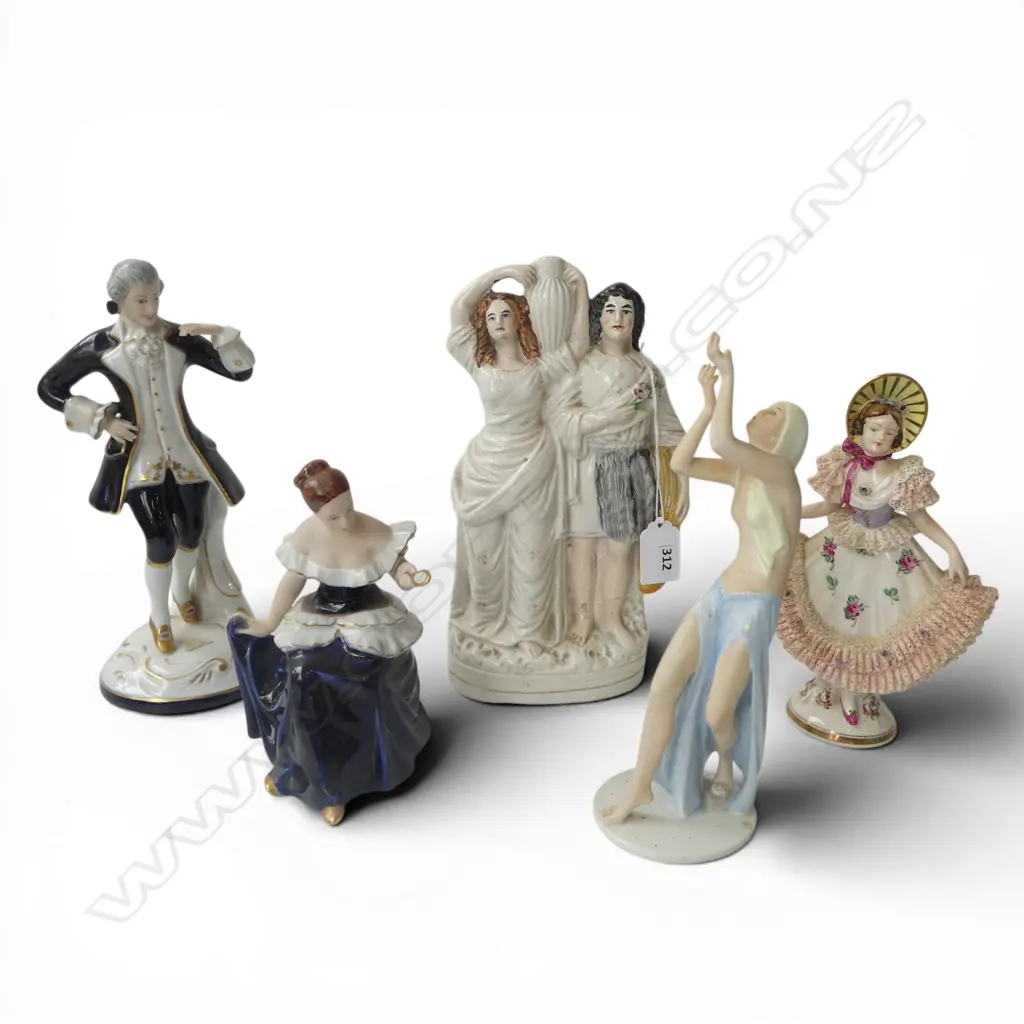 5 CHINA FIGURINES; STAFFORDSHIRE FLAT BACK, ROYAL DUX, ROSENTHAL, etc Image 1++