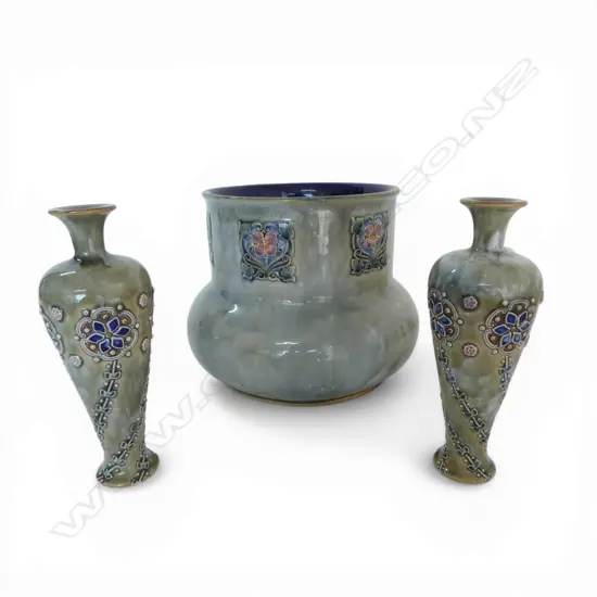 3 PCES ROYAL DOULTON LAMBETH STONEWARE larger with star crack, repairs H.180mm