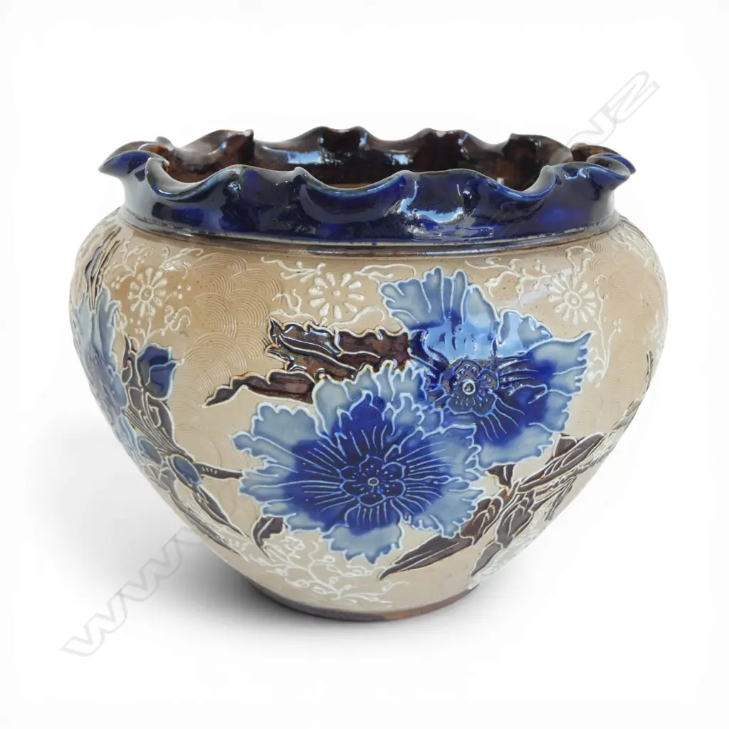 DOULTON LAMBETH JARDINIERE blue florals on tan. H.180mm. Dia.240mm Image 1++