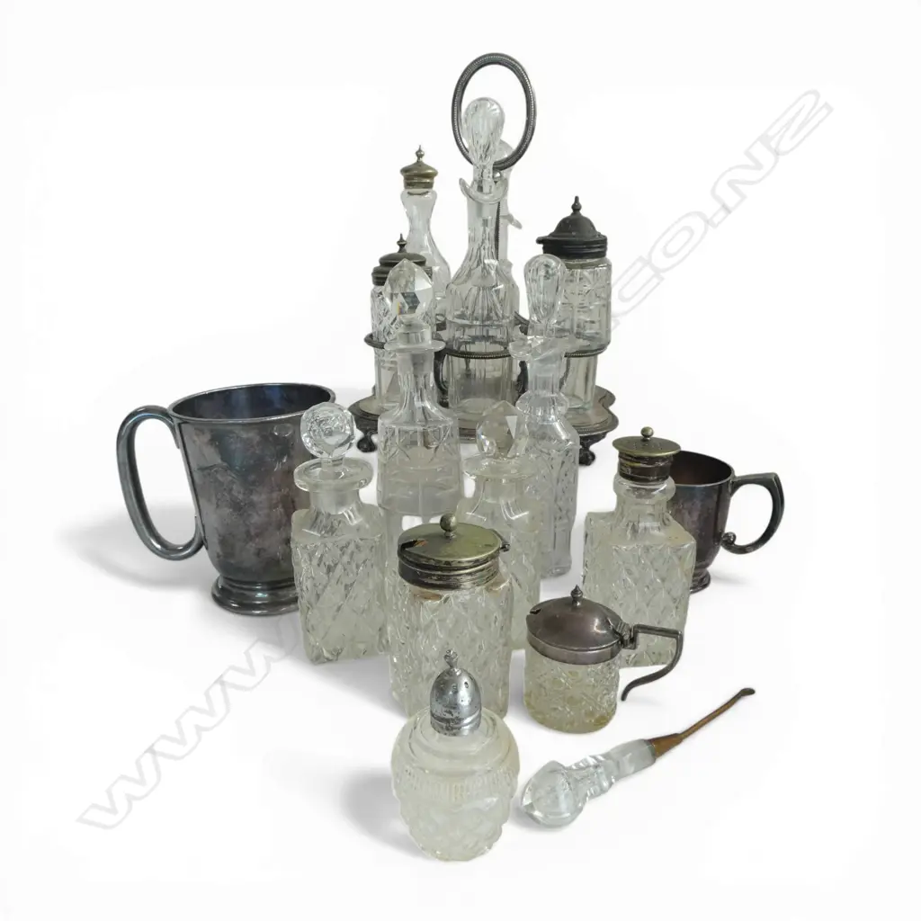 ENGLISH EP CRUET SET and other asst. cut crystal bottles etc, one w. stg silver cap Image 1++