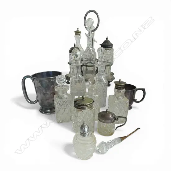 ENGLISH EP CRUET SET and other asst. cut crystal bottles etc, one w. stg silver cap