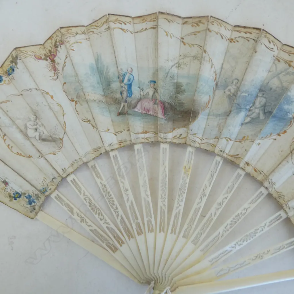 19thC CHINESE CARVED IVORY FAN with classically painted fold. L.280mm Image 1++