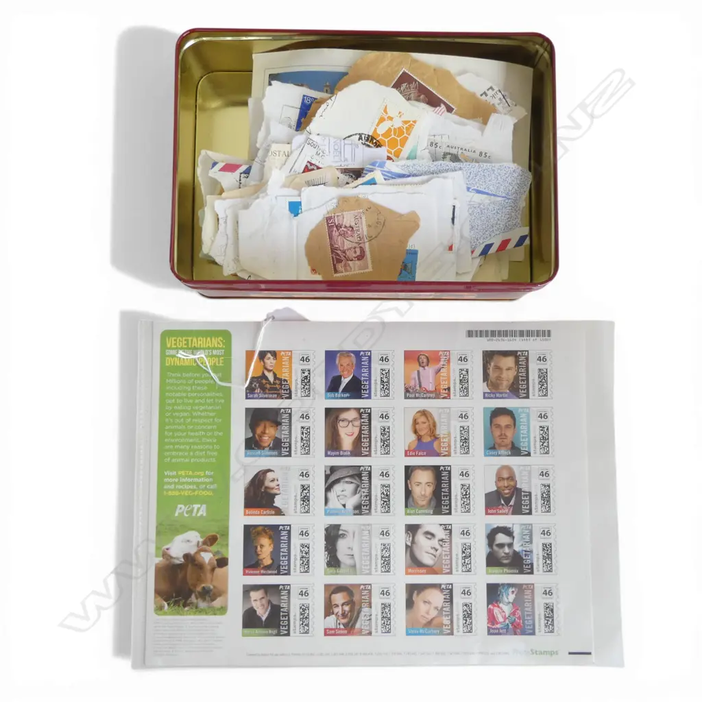 ASST. NEW ZEALAND AND INTERNATIONAL STAMPS, INCL. FRANCE, AUSTRALIA, USA PLUS SET OF PETA LTD EDITION STAMPS Image 1++