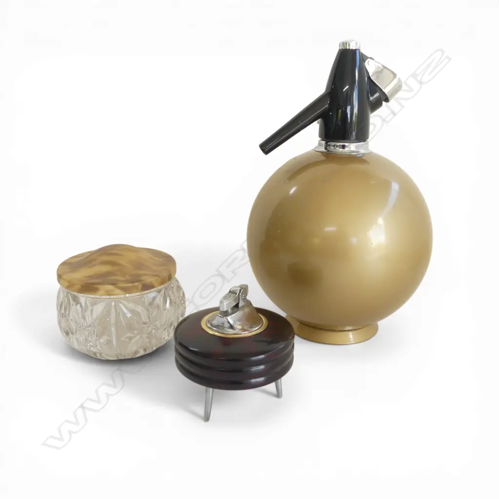 3 VINTAGE PCES; SODA SIPHON, BAKELITE LIGHTER & CONTAINER  Image 1++