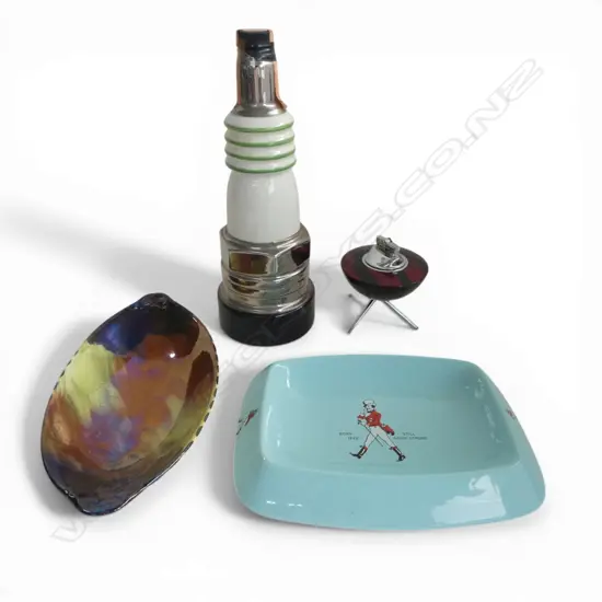 JIM BEAM SPARK PLUG FORM DECANTER, LIGHTER,, MALING DISH & WHISKEY ASH TRAY