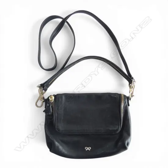 VINTAGE BLACK LEATHER ANYA HINDMARCH HAND BAG gilt zips. With hand & shoulder straps