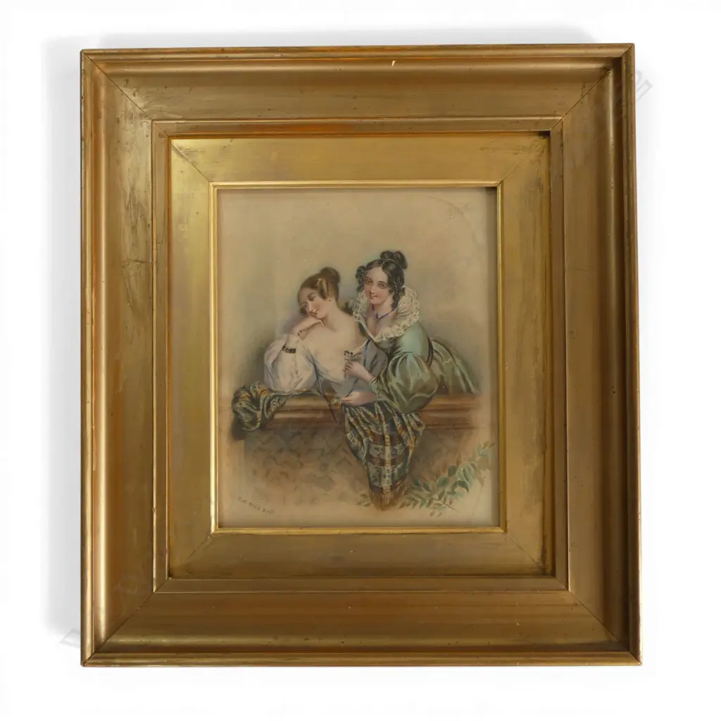 R. E HILL (19TH CENTURY), TWO VICTORIAN LADIES, WATERCOLOUR, SIGNED, 220 X 180MM Image 1++