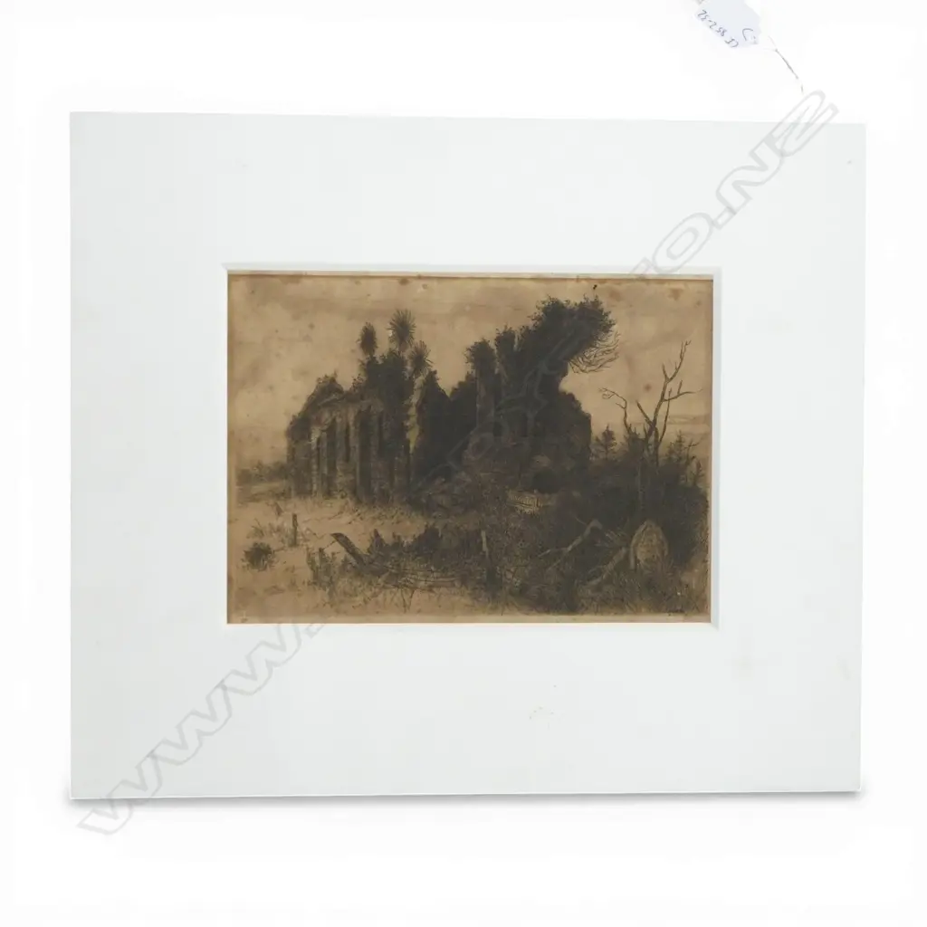 TREVOR LLOYD, 'A LONELY RUIN, TAMAKI', ETCHING, 174 X 251mm  (extensive foxing) Image 1++