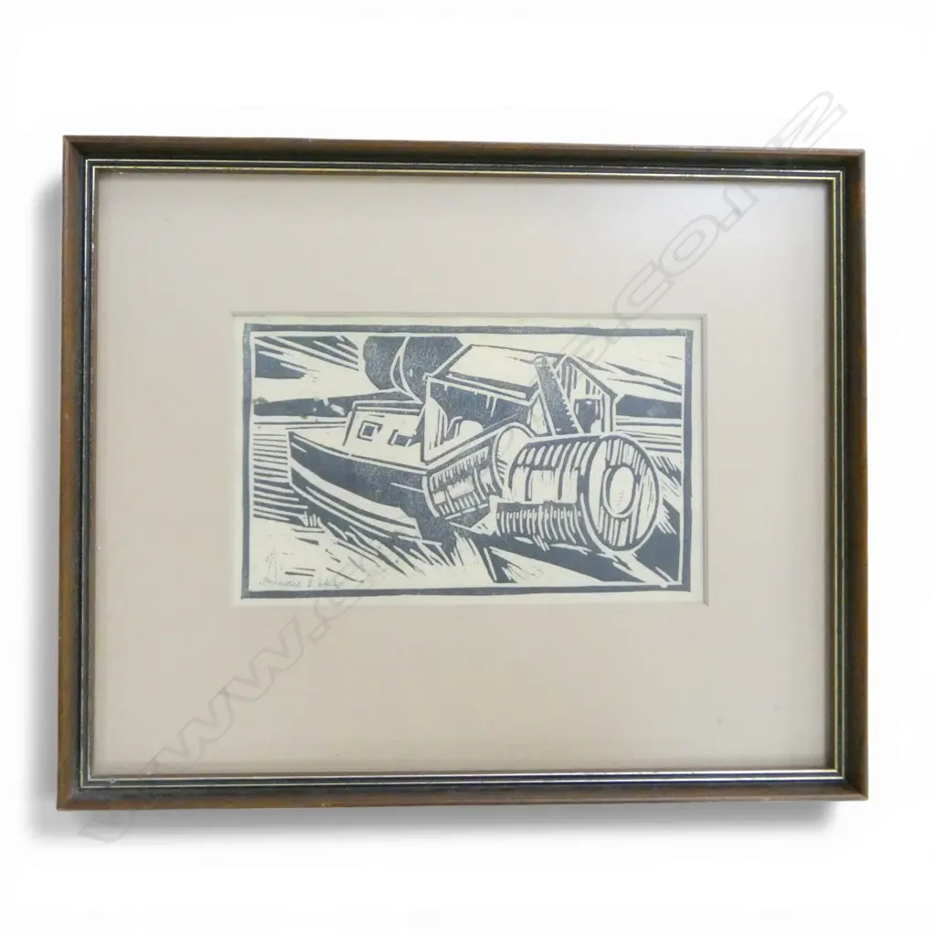MINNIE WHITE Untitled (Wharf scene with boat) woodcut signed 117 x 195mm Image 1++