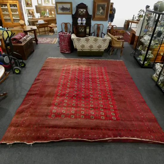 LARGE BOKHARA HAND-KNOTTED ALL WOOL RUG faults